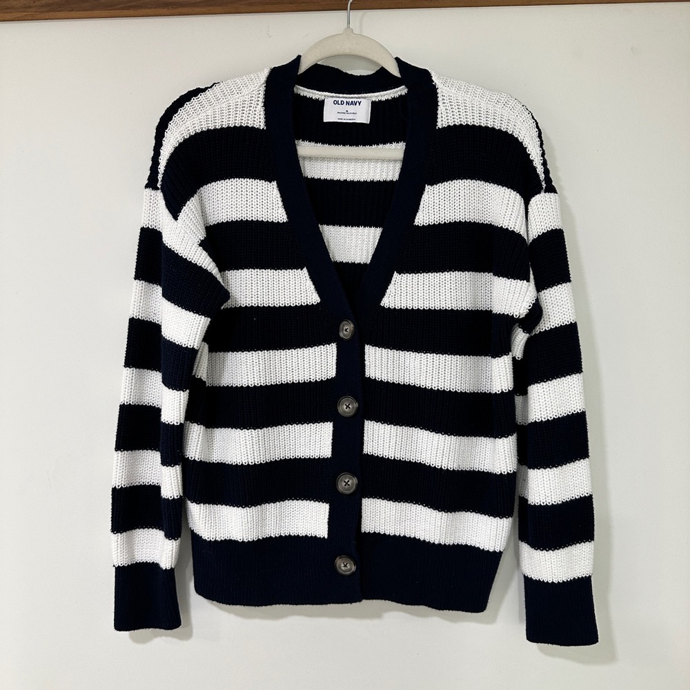 Old Navy Striped Shaker-Knit Cardigan Women Size M Navy White Cotton |‎ Nautical